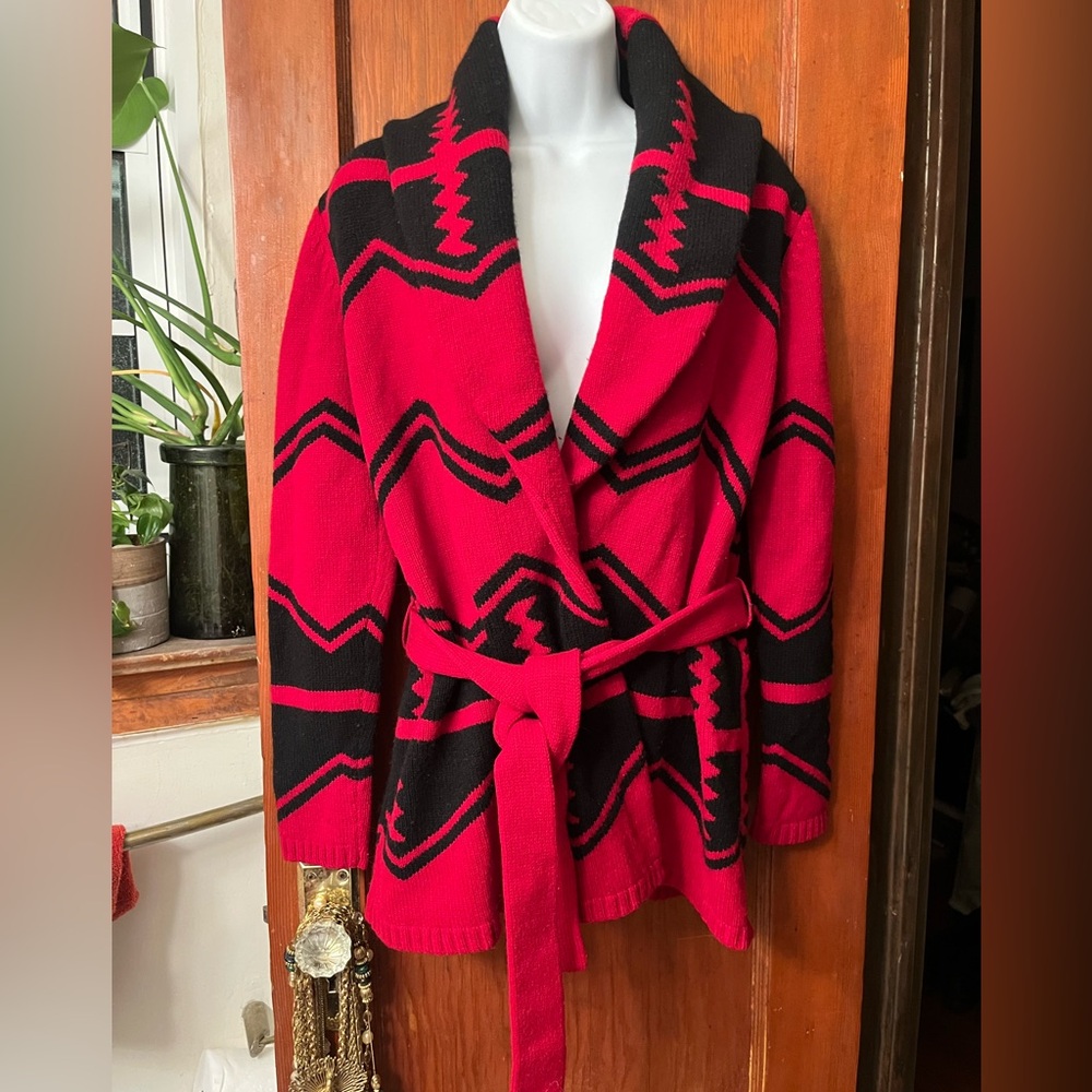Ralph Lauren Womens 100% Lambswool Belted Cardigan Sweater Aztec Medium AS IS